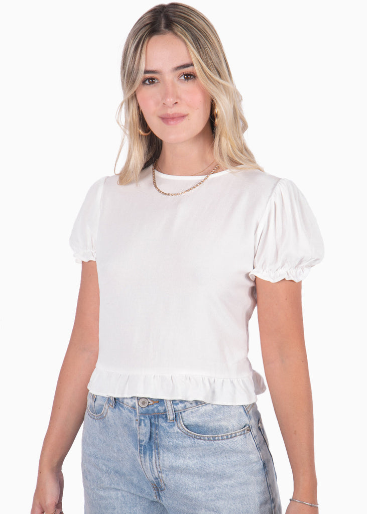 Blusa corta con mangas abullonadas, boleros y espalda descubierta color blanco, marfil para mujer - Flashy