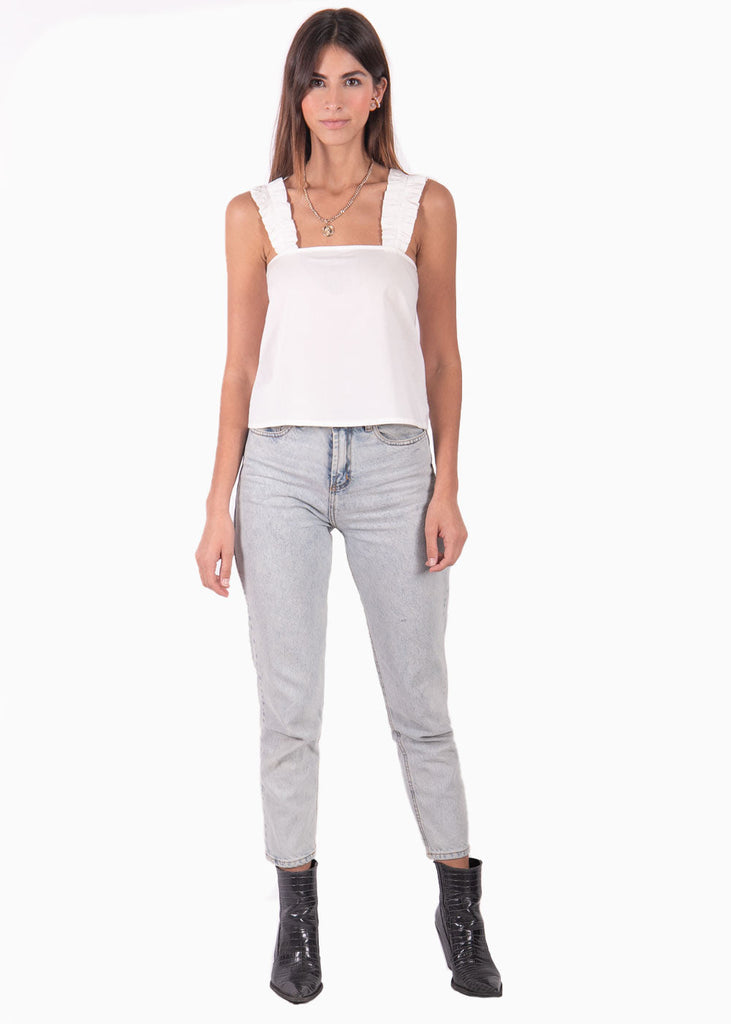 Blusa corta con recogido en tiras color blanco para mujer - Flashy