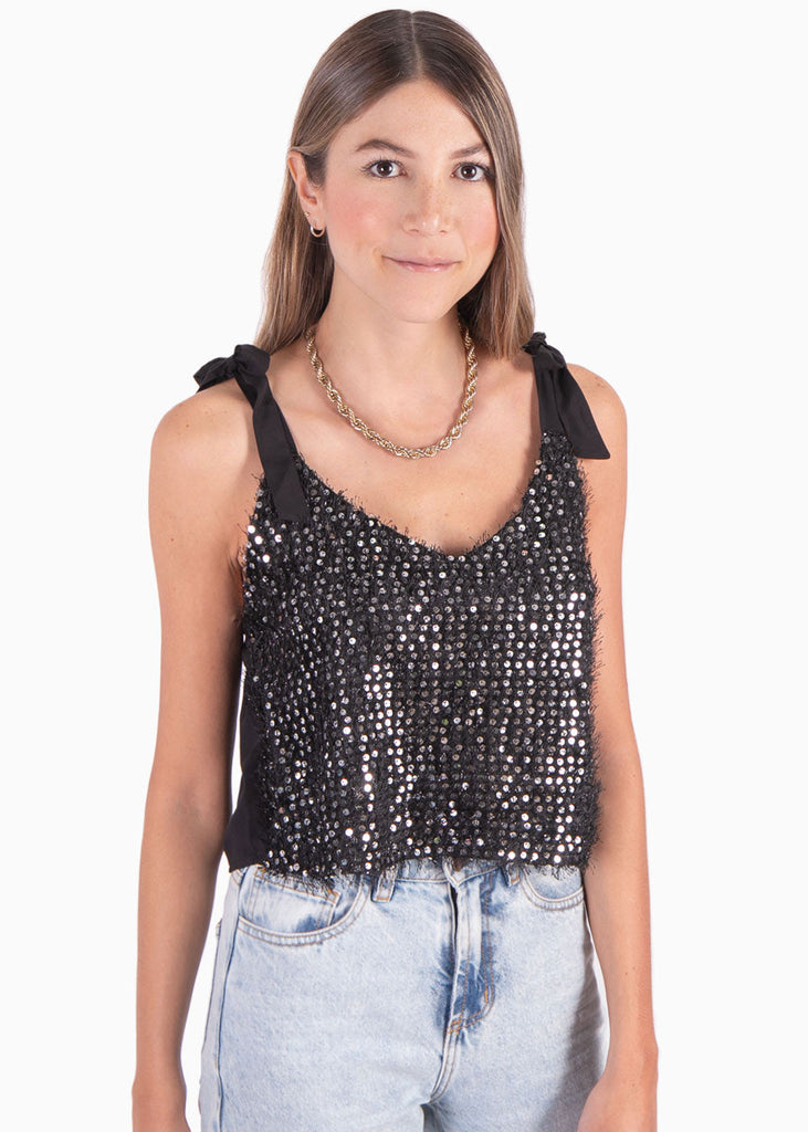 Blusa corta de tiras con anudados y lentejuelas para mujer - Flashy