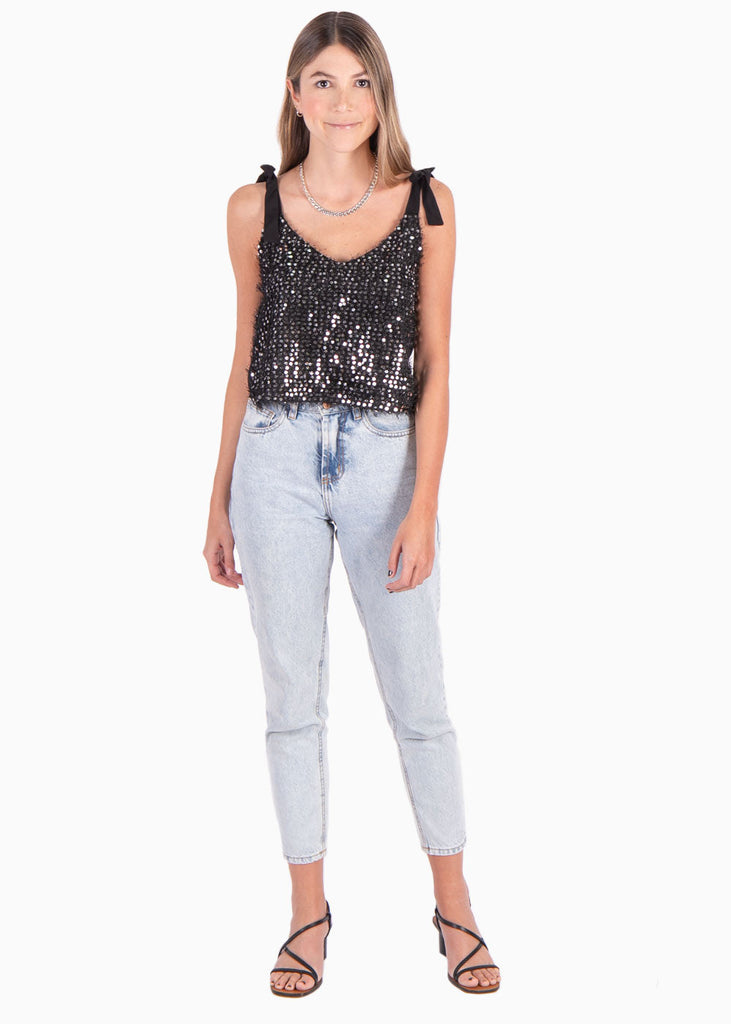 Blusa corta de tiras con anudados y lentejuelas para mujer - Flashy