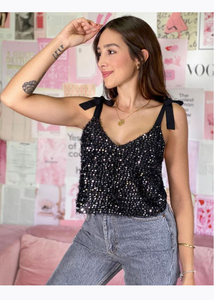 Blusa corta de tiras con anudados y lentejuelas para mujer - Flashy
