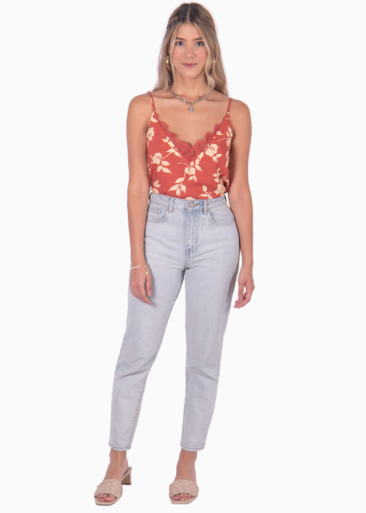 Blusa corta de tiras estampada y escote en encaje color terracota, rojo para mujer - Flashy