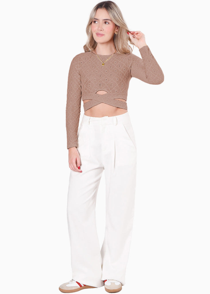 Blusa corta manga larga con cruce en cintura color beige para mujer - Flashy