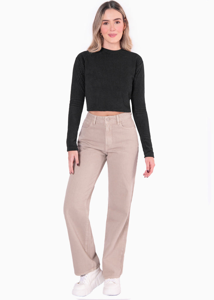 Blusa corta manga larga con cuello alto color negro para mujer - Flashy