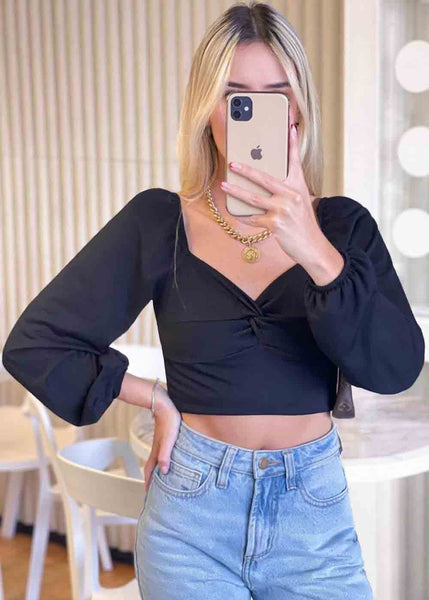 Blusa corta manga larga con escote entorchado color negro para mujer - Flashy