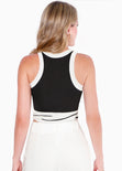 Blusa corta sin mangas, con sesgos en contraste y entrelazado en cintura color negro para mujer - Flashy