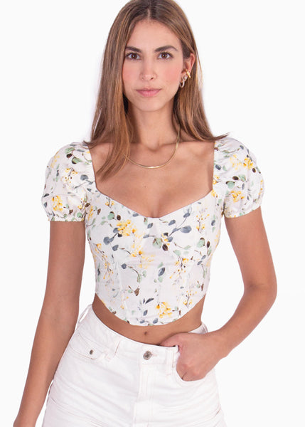 Blusa corta tipo corset con estampado de flores y manga corta color marfil para mujer - Flashy