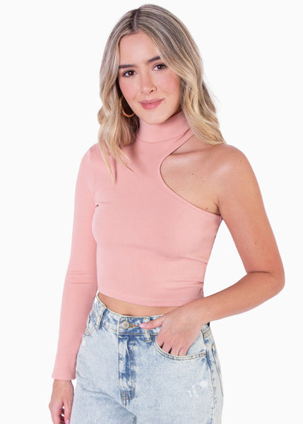 Blusa crop con cuello halter y un solo hombro color rosado para mujer - Flashy