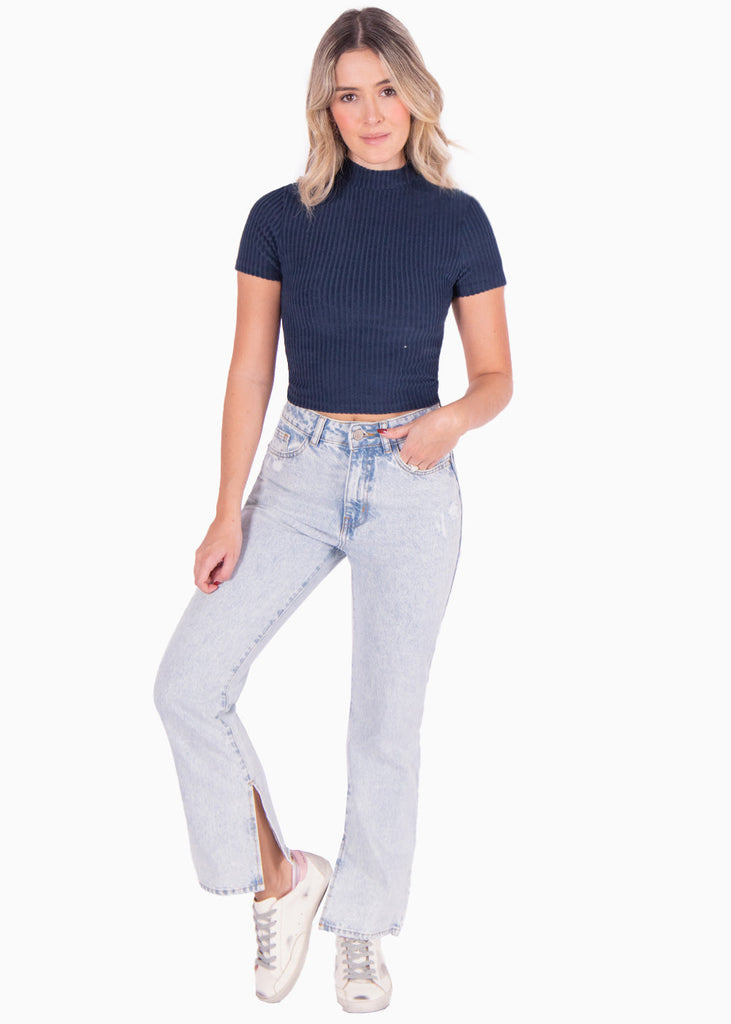 Blusa crop manga corta con cuello alto color azul para mujer - Flashy