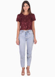 Blusa crop manga corta con lentejuelas color vino para mujer - Flashy