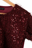 Blusa crop manga corta con lentejuelas color vino para mujer - Flashy