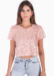 Blusa crop manga corta con lentejuelas color rosado para mujer - Flashy