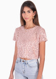 Blusa crop manga corta con lentejuelas color rosado para mujer - Flashy