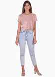 Blusa crop manga corta con lentejuelas color rosado para mujer - Flashy
