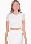 Blusa crop manga corta con malla en mangas color marfil para mujer - Flashy