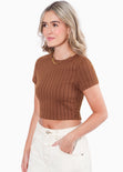 Blusa crop manga corta y tejida color café para mujer - Flashy