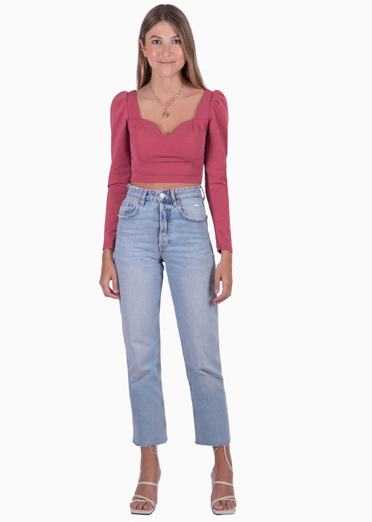 Blusa crop manga larga con escote cuadrado color vino para mujer - Flashy