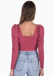 Blusa crop manga larga con escote cuadrado color vino para mujer - Flashy