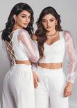 Blusa crop manga larga con mangas de organza color blanco para mujer - Flashy