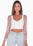 Blusa crop manga larga con mangas de organza color blanco para mujer - Flashy