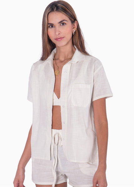 Blusa de botones manga corta color marfil, blanco para mujer - Flashy