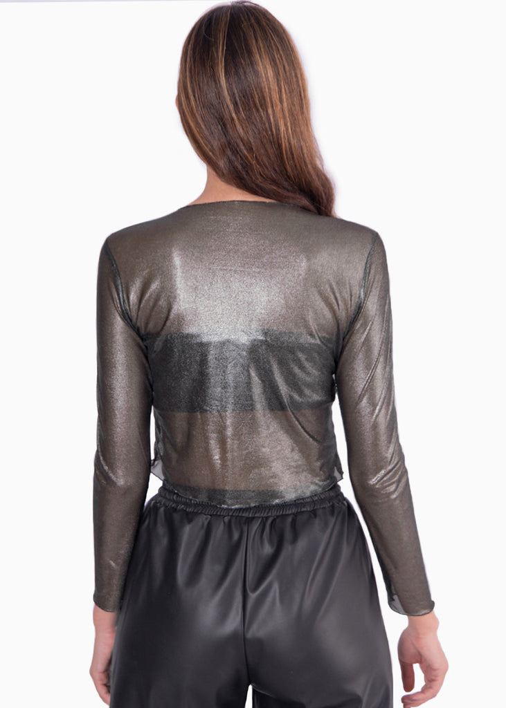 Blusa de malla manga larga con top bandeau interno color negro para mujer - Flashy