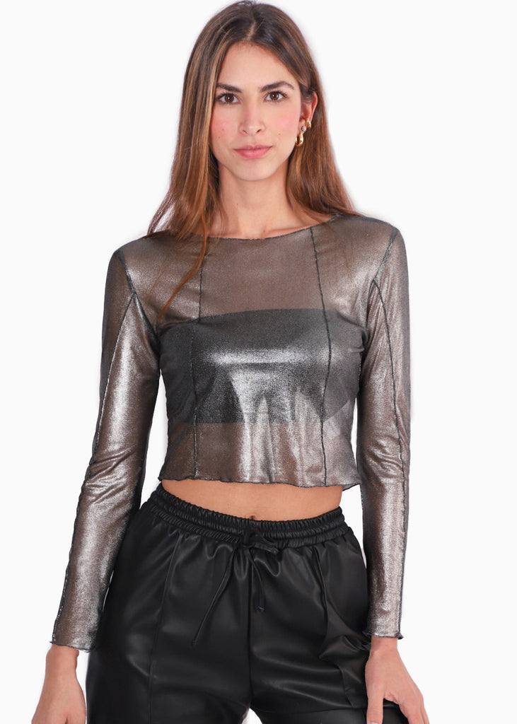 Blusa de malla manga larga con top bandeau interno color negro para mujer - Flashy