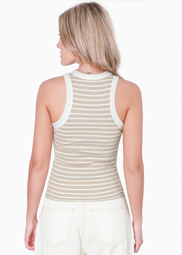 Blusa de rayas sin mangas con cuello halter color beige para mujer - Flashy