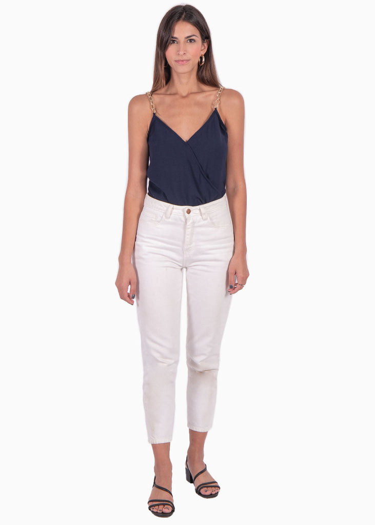 Blusa de tiras con cadenas y frente cruzado color azul para mujer - Flashy