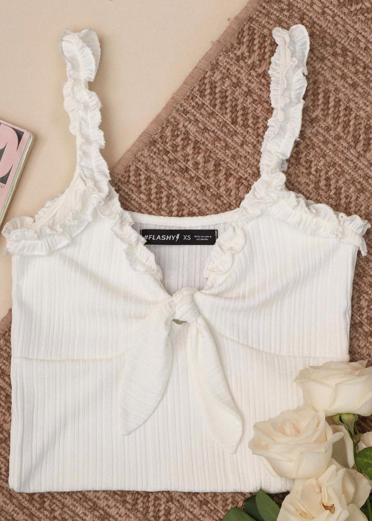 Blusa de tiras con ruche y escote anudado color blanco para mujer - Flashy