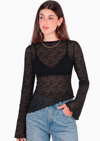 Blusa en encaje con manga campana y ruedo asimetrico - GALAPAGOS.NEGRO