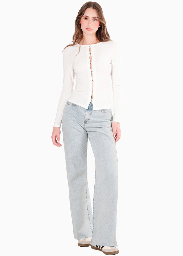 Blusa en rib con vivo en contraste en escote color blanco, marfil para mujer - Flashy