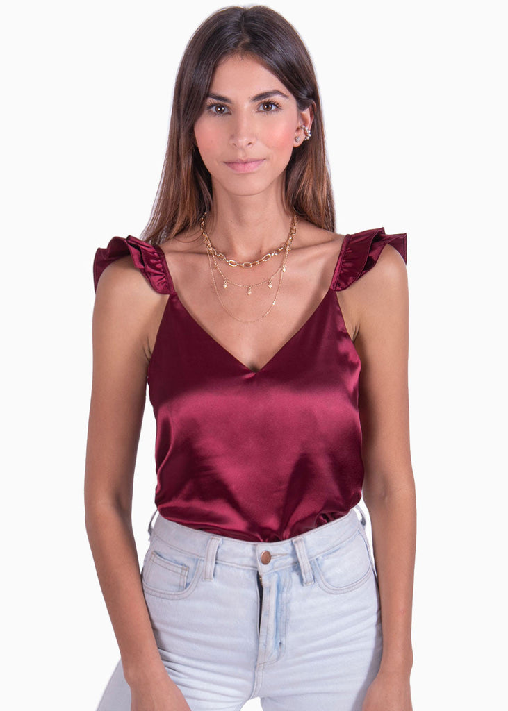Blusa en tela satinada con boleros en tiras color vino para mujer - Flashy