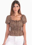 Blusa estampada de animal print con mangas abullonadas color café para mujer - Flashy