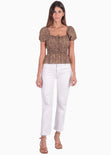Blusa estampada de animal print con mangas abullonadas color café para mujer - Flashy