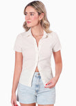 Blusa manga corta con botones y cuello color blanco, marfil para mujer - Flashy