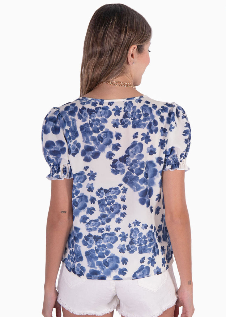 Blusa manga corta, con botones y estampado de flores color blanco para mujer - Flashy