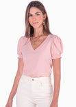 Camiseta manga corta con escote en v y mangas embombadas color rosado para mujer - Flashy