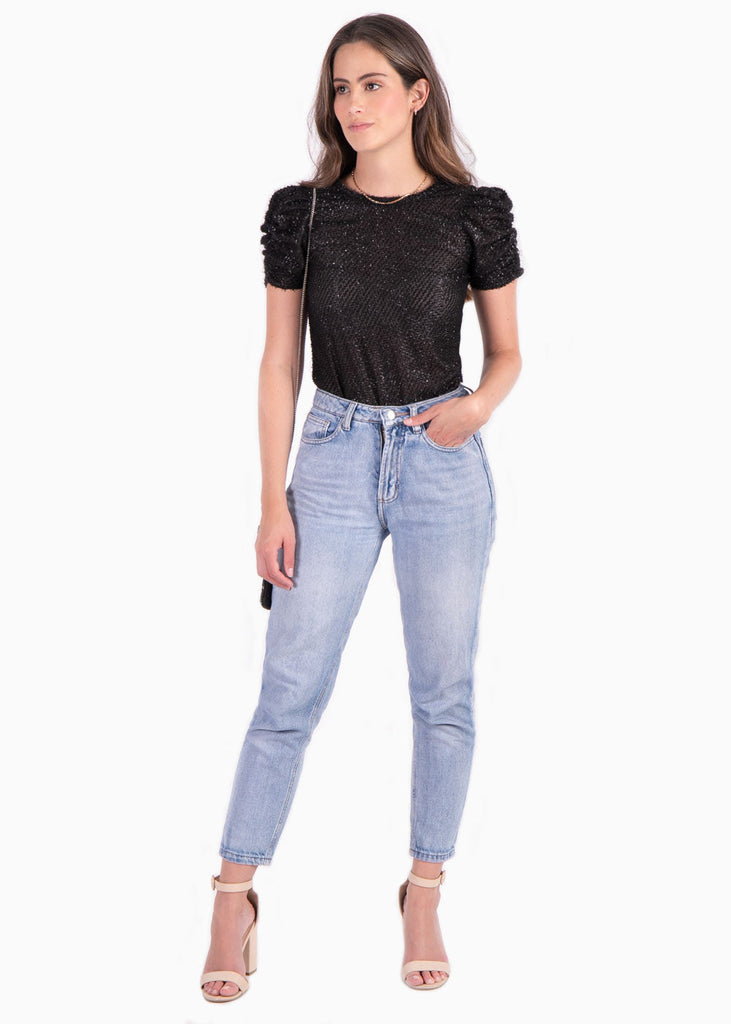 Blusa manga corta con mangas embombadas color negro para mujer - Flashy