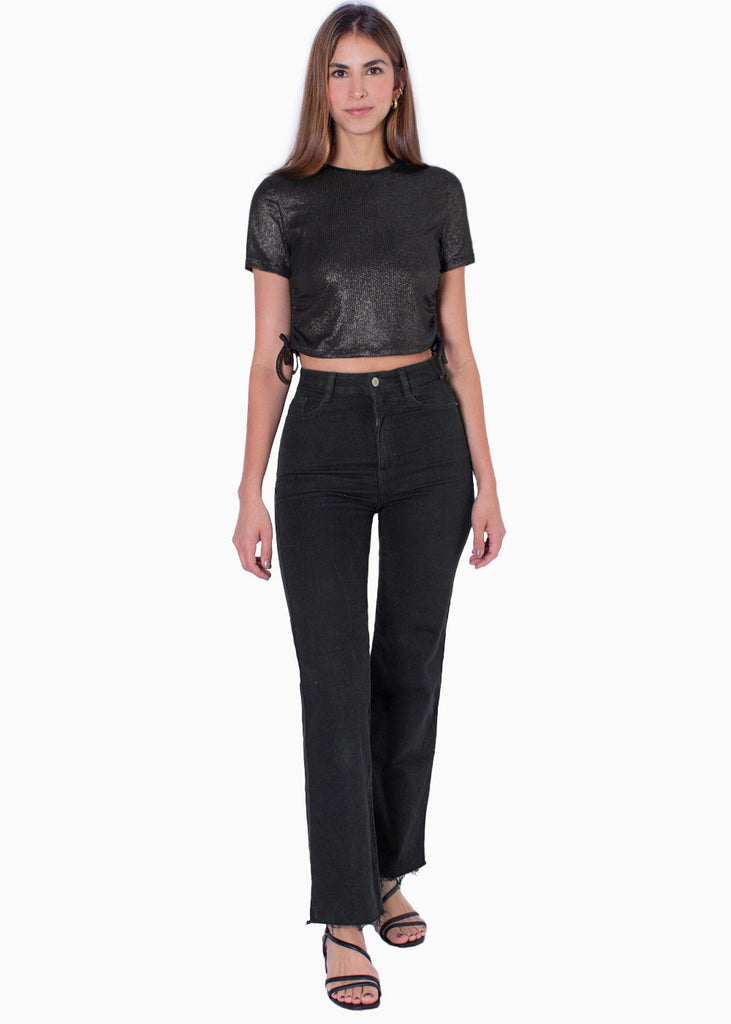 Blusa manga corta con recogido en costados color negro para mujer - Flashy