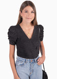 Blusa manga corta con recogido y escote en v color negro para mujer - Flashy