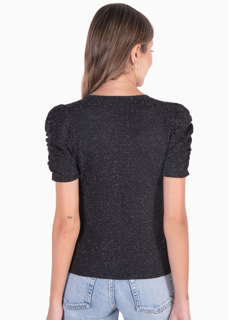 Blusa manga corta con recogido y escote en v color negro para mujer - Flashy