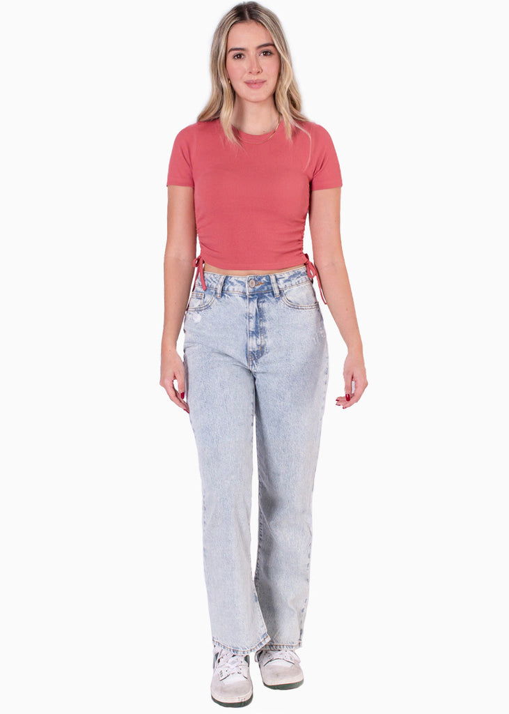 Blusa manga corta con recogidos en laterales color rosado para mujer - Flashy