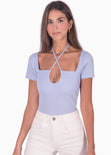 Blusa manga corta con tiras en escote color lila, morado para mujer - Flashy