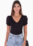 Camiseta manga corta embombada en ojalillo y escote en v para mujer - Flashy