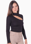 Blusa manga larga con abertura cut out en escote color negro para mujer - Flashy