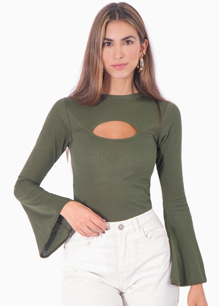 Blusa manga larga con abertura cut out en escote color verde para mujer - Flashy