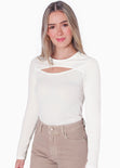 Blusa manga larga con abertura cut out en escote color marfil para mujer - Flashy