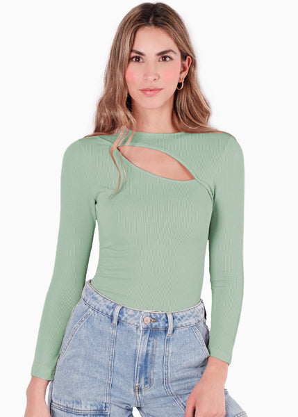 Blusa manga larga con abertura en escote color verde para mujer - Flashy