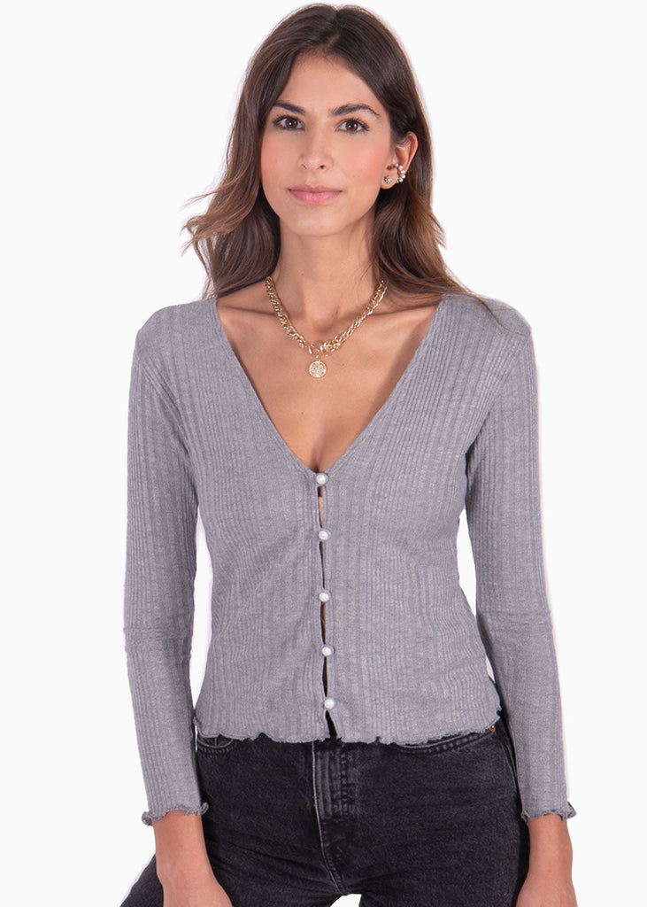 Blusa manga larga con botones de perlas color gris para mujer - Flashy